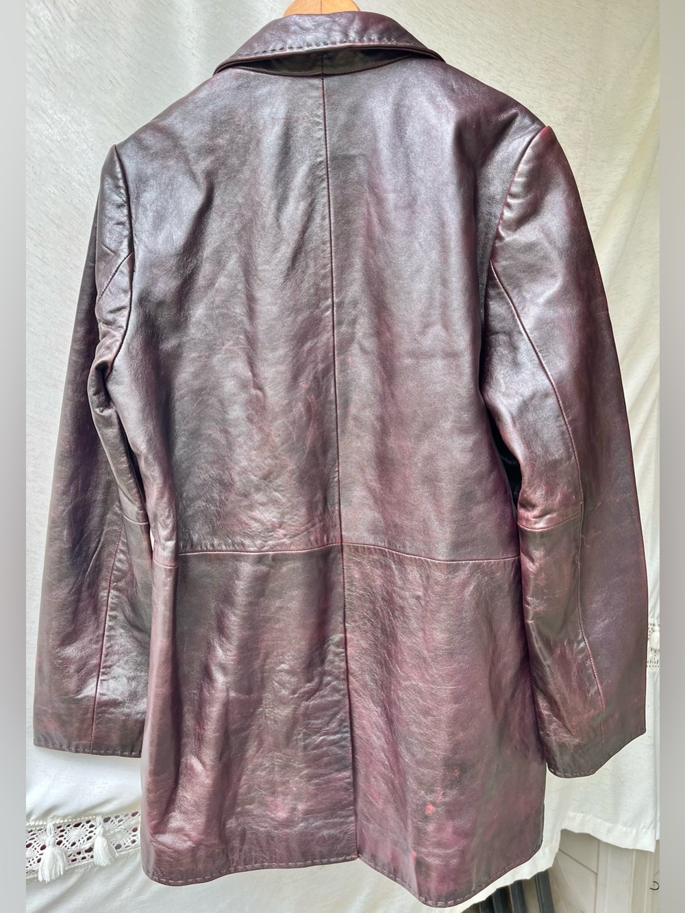 Zara 100% Leather Topstitching Coat Jacket Long Sleeves Button Up Lapel Collar - Picture 11 of 16